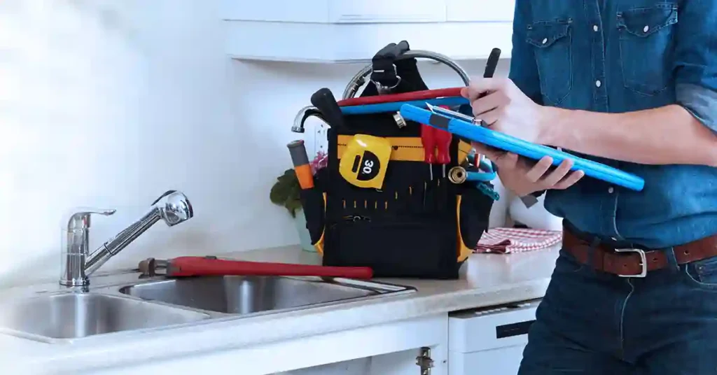 Plumber creating an itemized invoice on a tablet at a job site