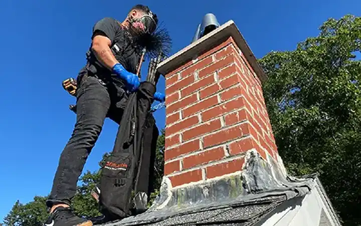 Chimney sweep professional working on residential chimney