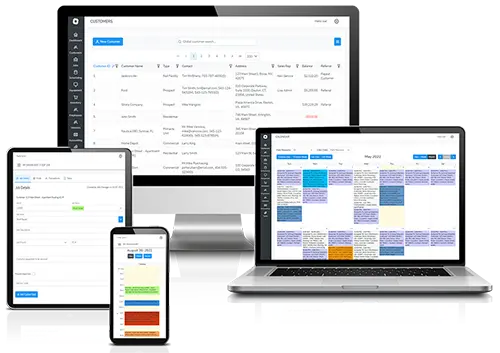 Bella FSM contractor scheduling multi-project dashboard on desktop and mobile devices