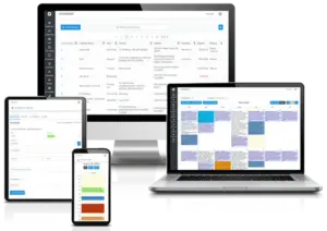 Bella FSM dispatch and drag-and-drop calendar shown on multiple devices