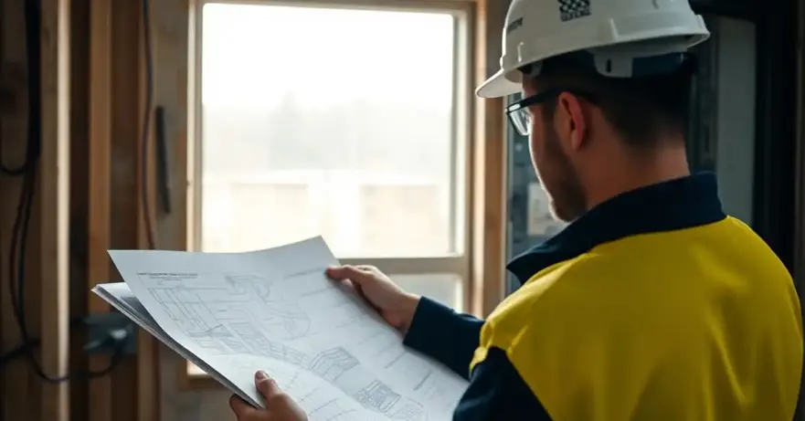 electrical contractor looking at blueprints