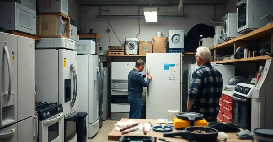 Two techs in an appliance warehouse