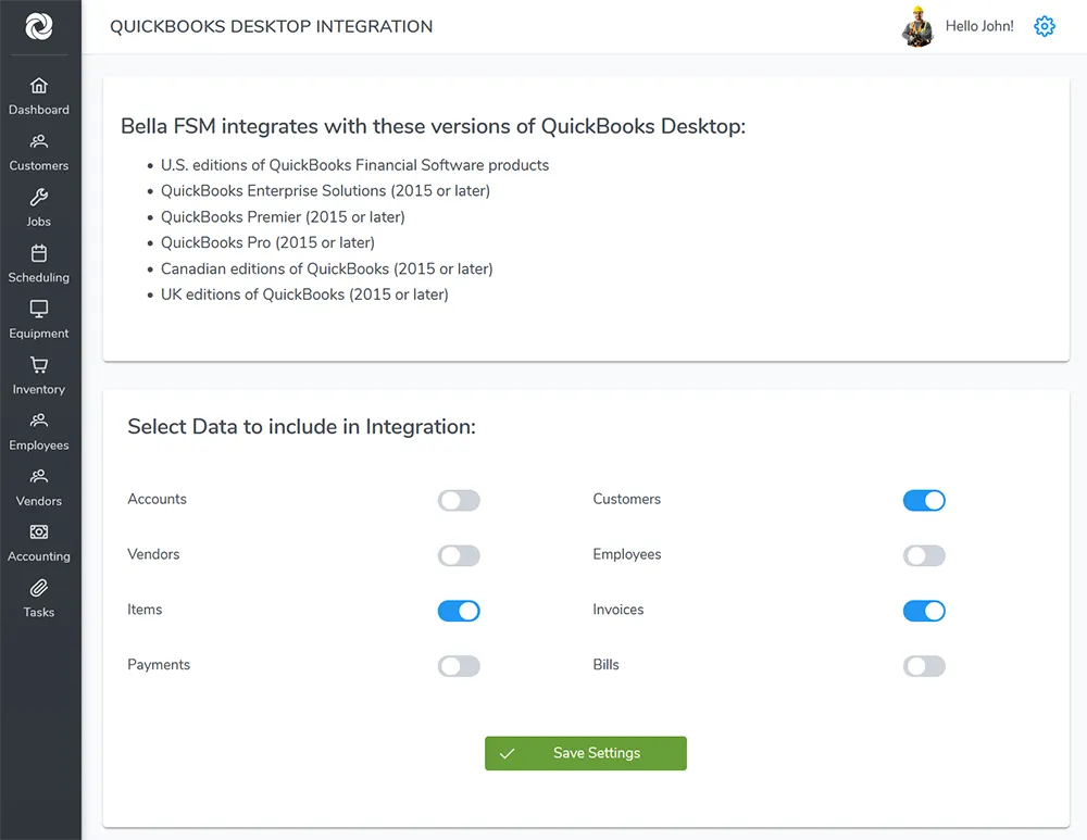 QuickBooks Desktop Integration with Bella FSM