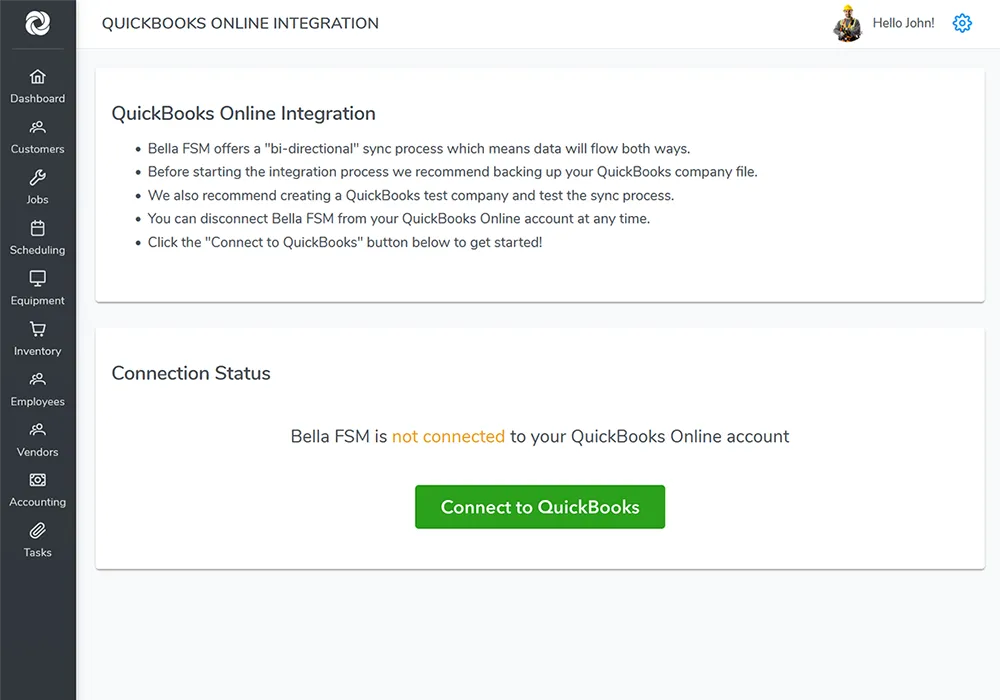 QuickBooks Online Integration with Bella FSM