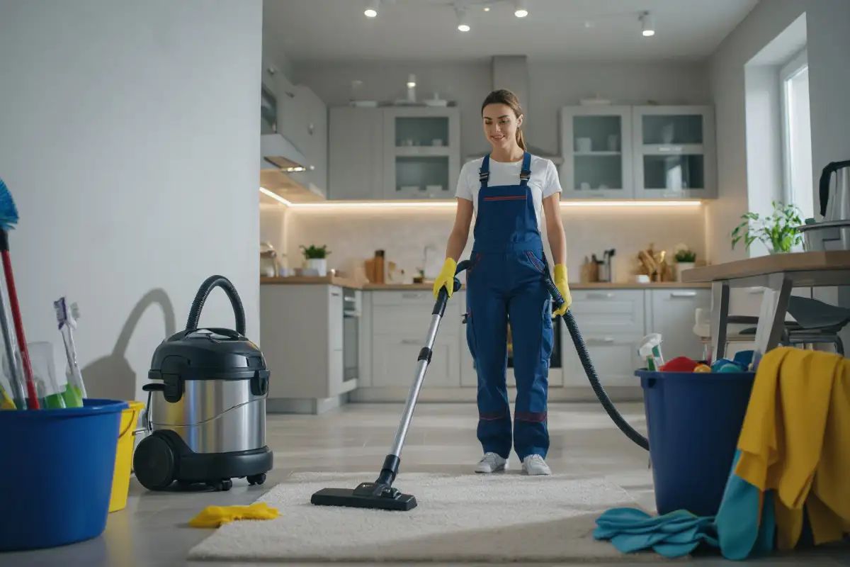 House cleaner vacuuming the floor