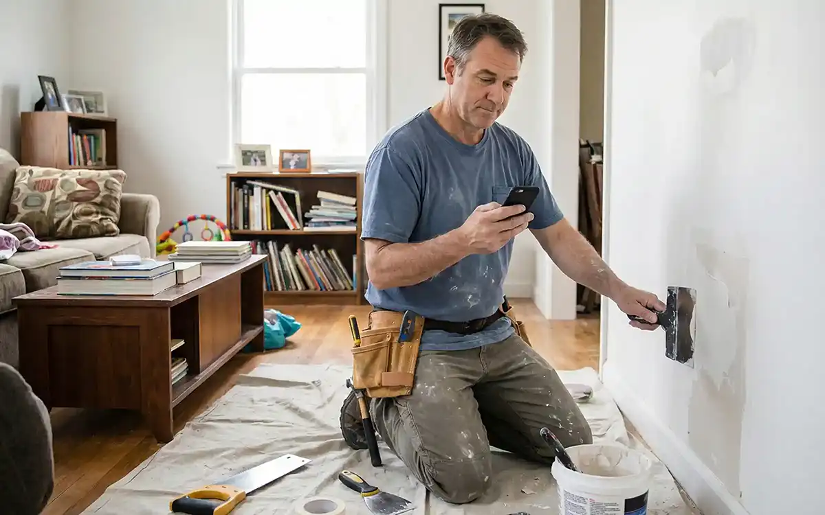 Handyman fixing drywall