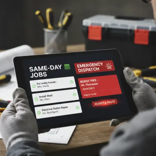 Emergency dispatch board on tablet showing urgent garage door jobs