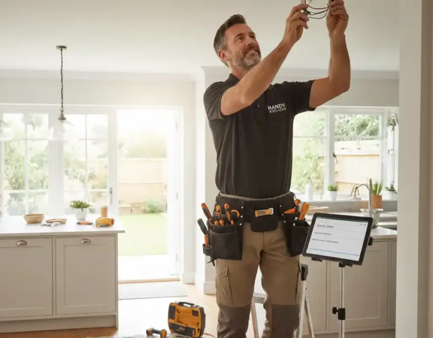Handyman fixing light fixture using scheduling software on tablet