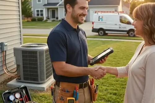 Customer shaking the hand of HVAC Tech