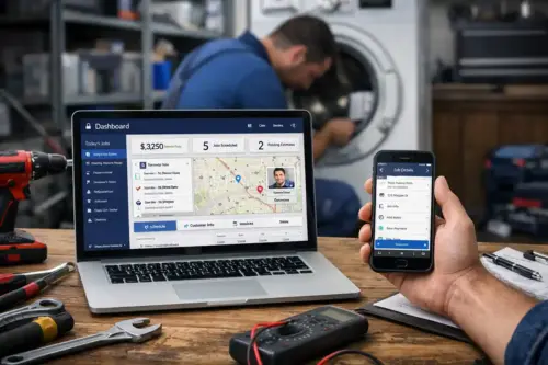 Appliance repair technician greeting homeowner at front door