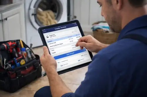 Technician reviewing appliance repair invoice on tablet