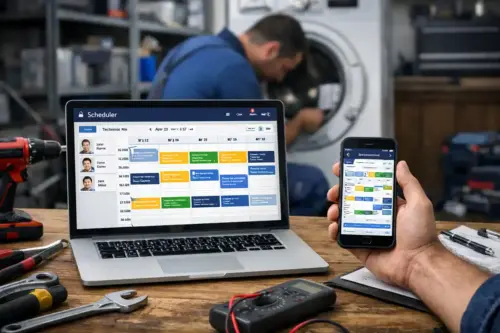 Appliance repair technician reviewing schedule