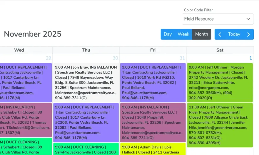 Month layout with calendar drag and drop and color-coded jobs for each technician