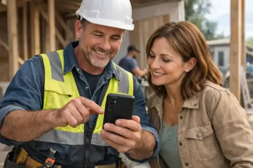 Customer with General Contractor looking at CRM on mobile phone