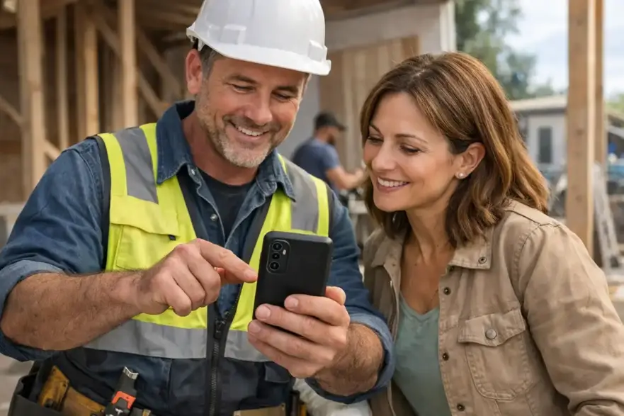 General contractor reviewing client and bid information in CRM on mobile phone