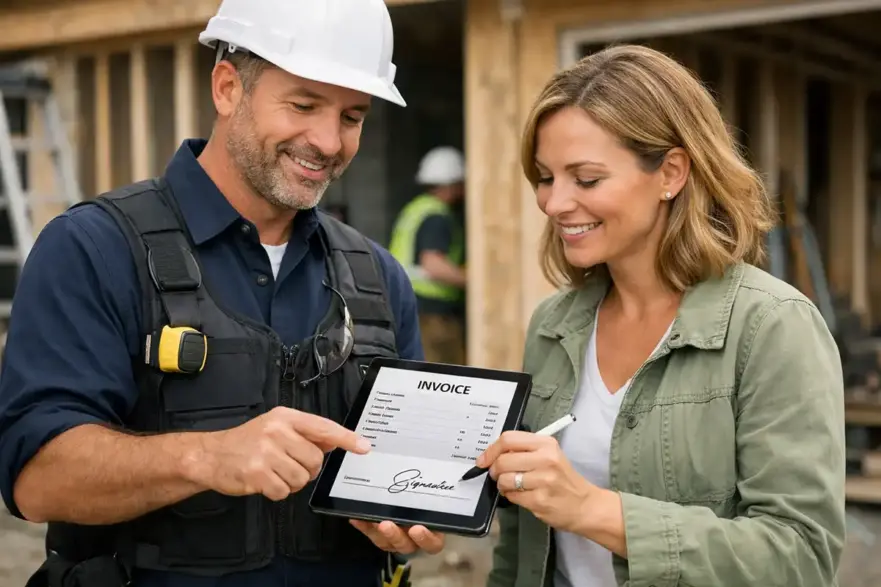 Homeowner signing a milestone progress invoice on a tablet