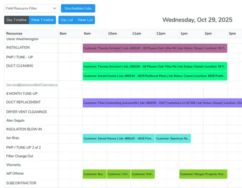 Service schedule software calendar timeline view with color-coded jobs