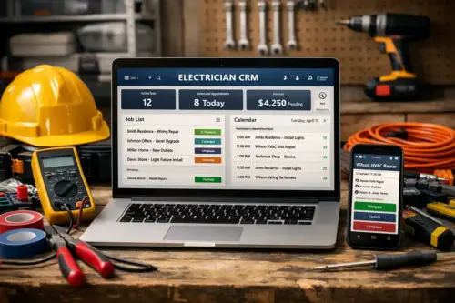 Electrical contractor CRM on laptop and phone