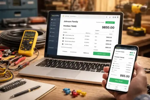 Electrical contractor invoicing on laptop and phone