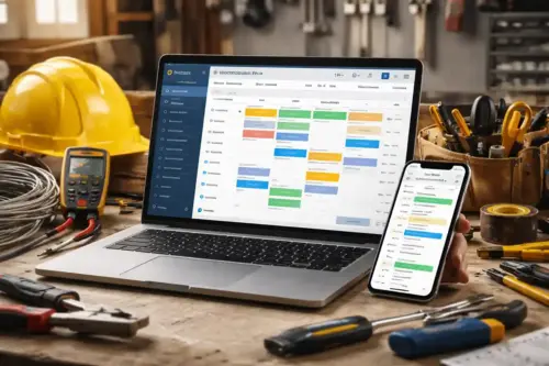 Electrical contractor scheduling on laptop and phone