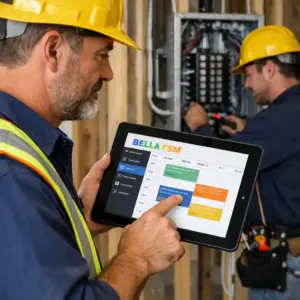 Electrician using Bella FSM scheduling app on a tablet at a job site