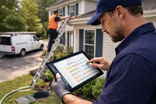 Worker checking gutter cleaning schedule on mobile tablet