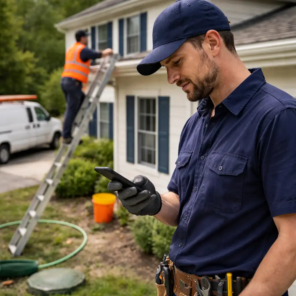 Gutter technician checking smartphone outside house