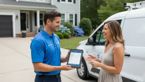 Field service technician creating invoice on mobile device with Bella FSM