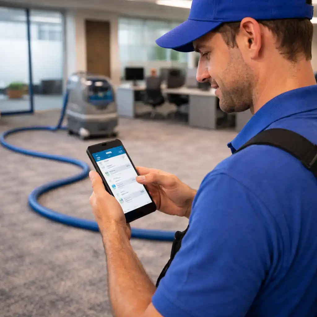 Tech using Carpet Cleaning scheduling software