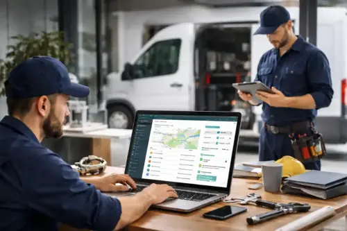 Plumbing software shown on laptap in business office