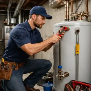 Tech working on water heater and using plumbing software