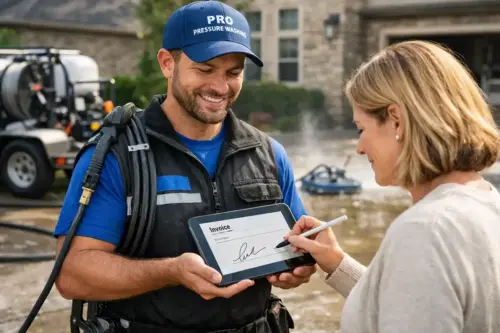 Customer Signing Power Washing Invoice on Tablet