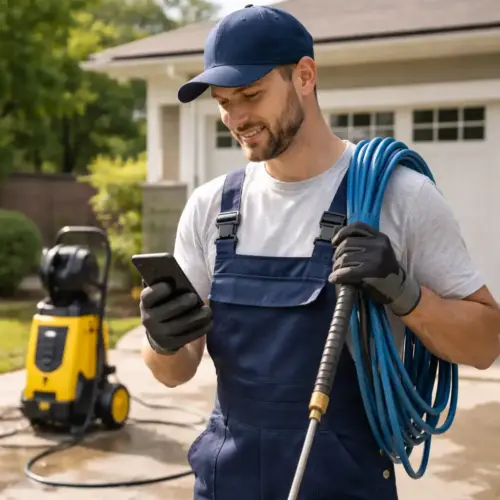 Power washing crew member checking the day's jobs on pressure washing software between cleans