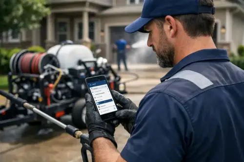 Pressure washing looking at CRM software on mobile phone