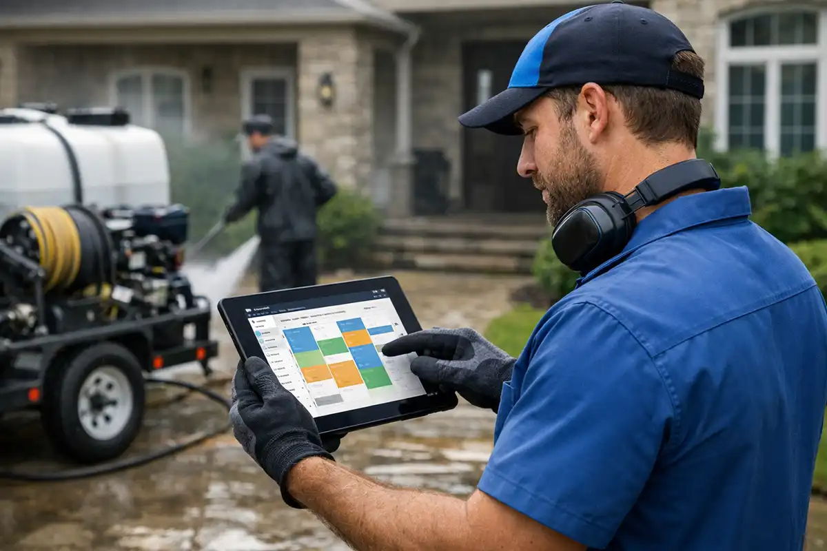 Pressure washing manager managing the spring scheduling surge on a tablet