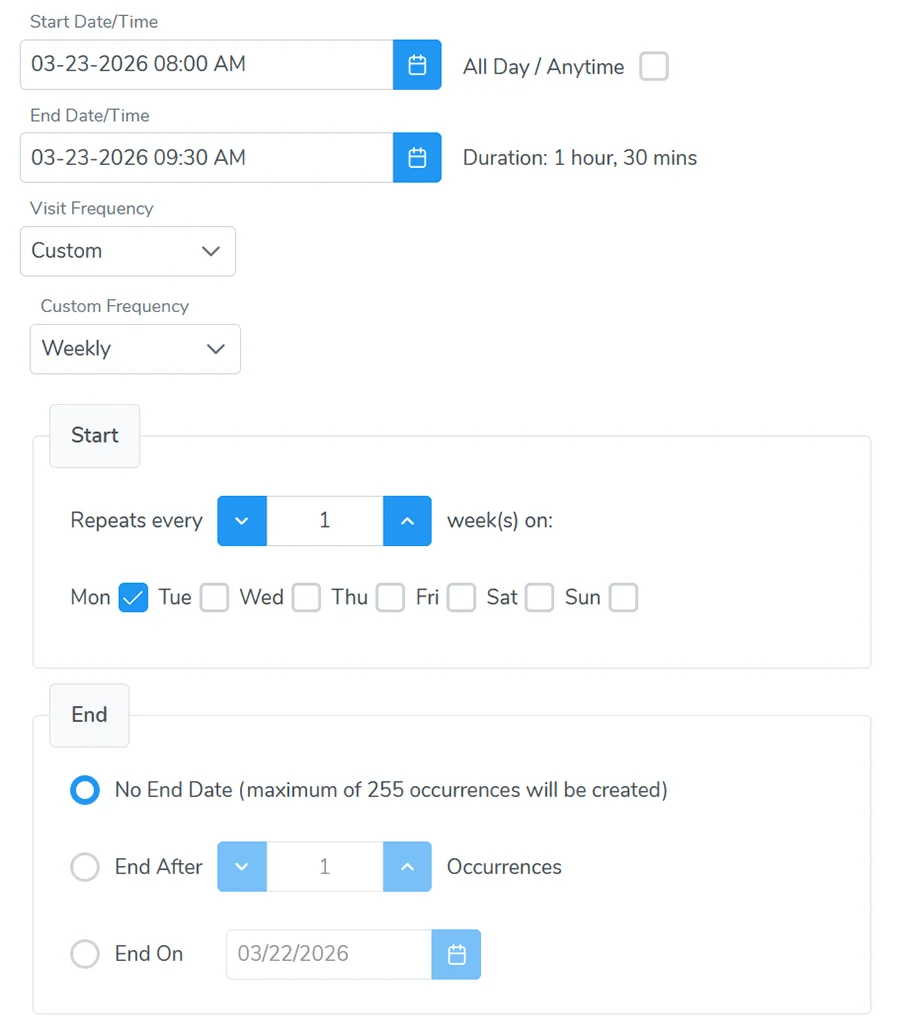 Recurring Visit Settings