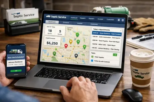 Septic service technician using CRM software on devices