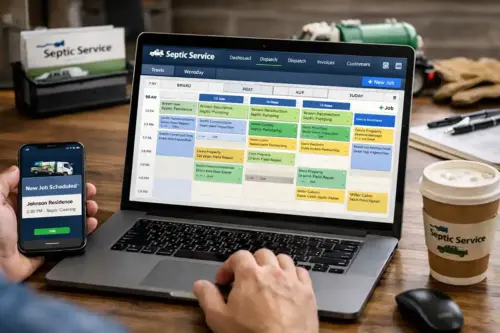 Small septic business using scheduling software in office on laptop
