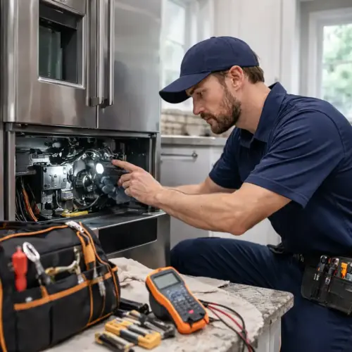 Appliance repair technician testing a refrigerator with a multimeter