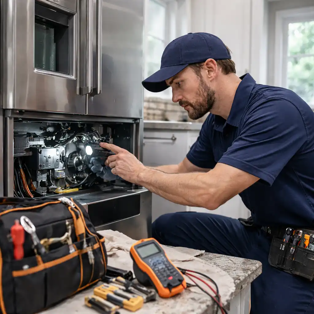Appliance technician using Bella FSM mobile CRM at customer home