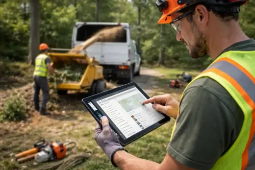 Tree service tech using CRM on tablet
