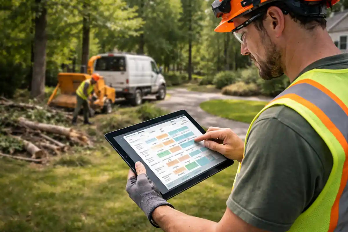 Tree service manager checking permit and weather windows on a tablet