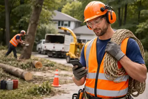Tree service software used by man cutting limb