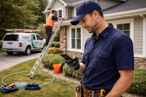 Two gutter technicians checking smartphone during workday