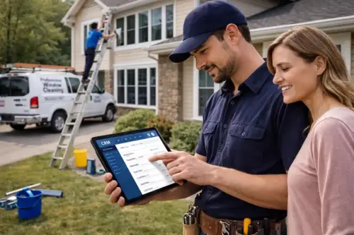 Customer shaking the hand of window washer and looking at tablet