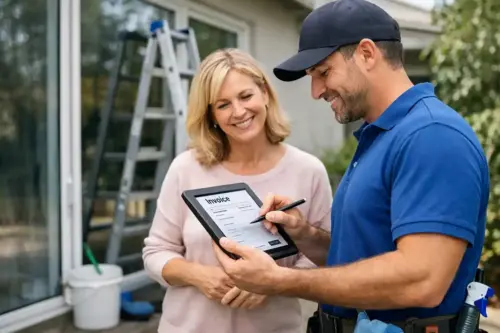 Customer Signing Window Cleaning Invoice on Tablet