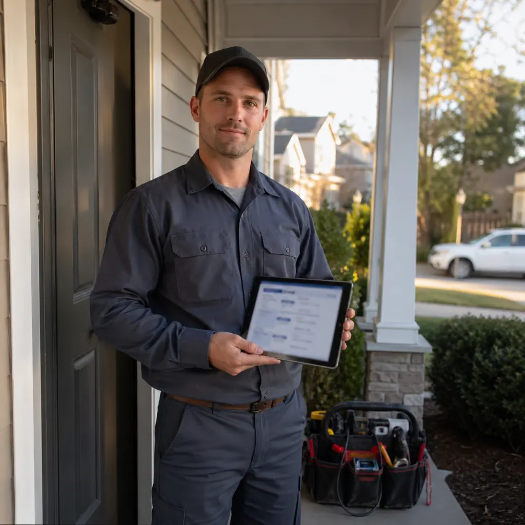 HVAC technician on a porch holding a tablet showing a service-scheduling app.