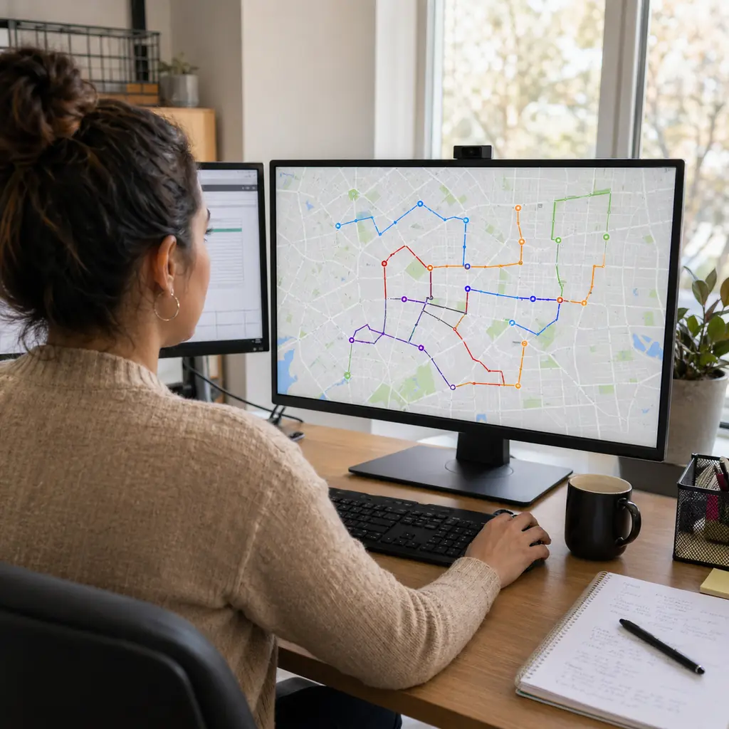 Dispatcher at a desk reviews a city map with colored route lines on a wide monitor.