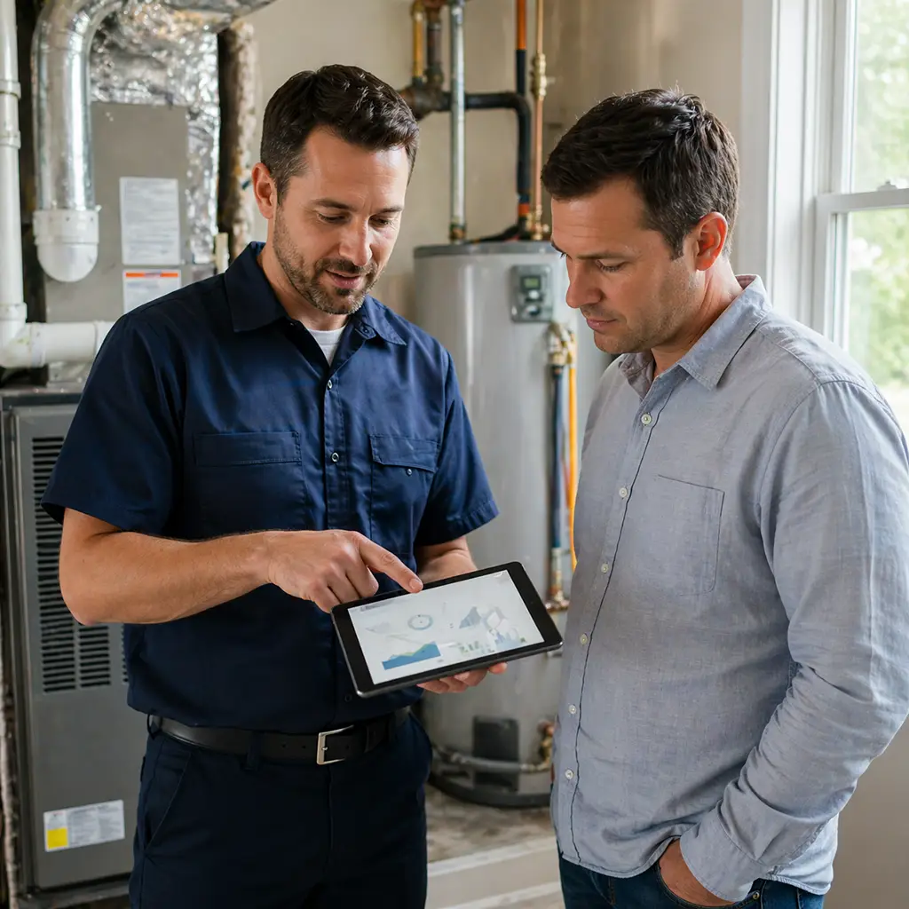 Technician showing service agreement