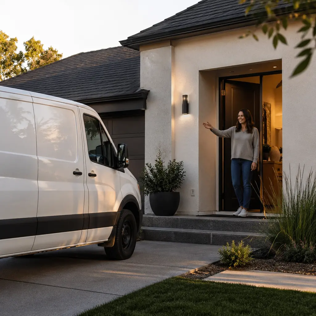 Service van in suburban driveway as a homeowner welcomes the technician at the door.
